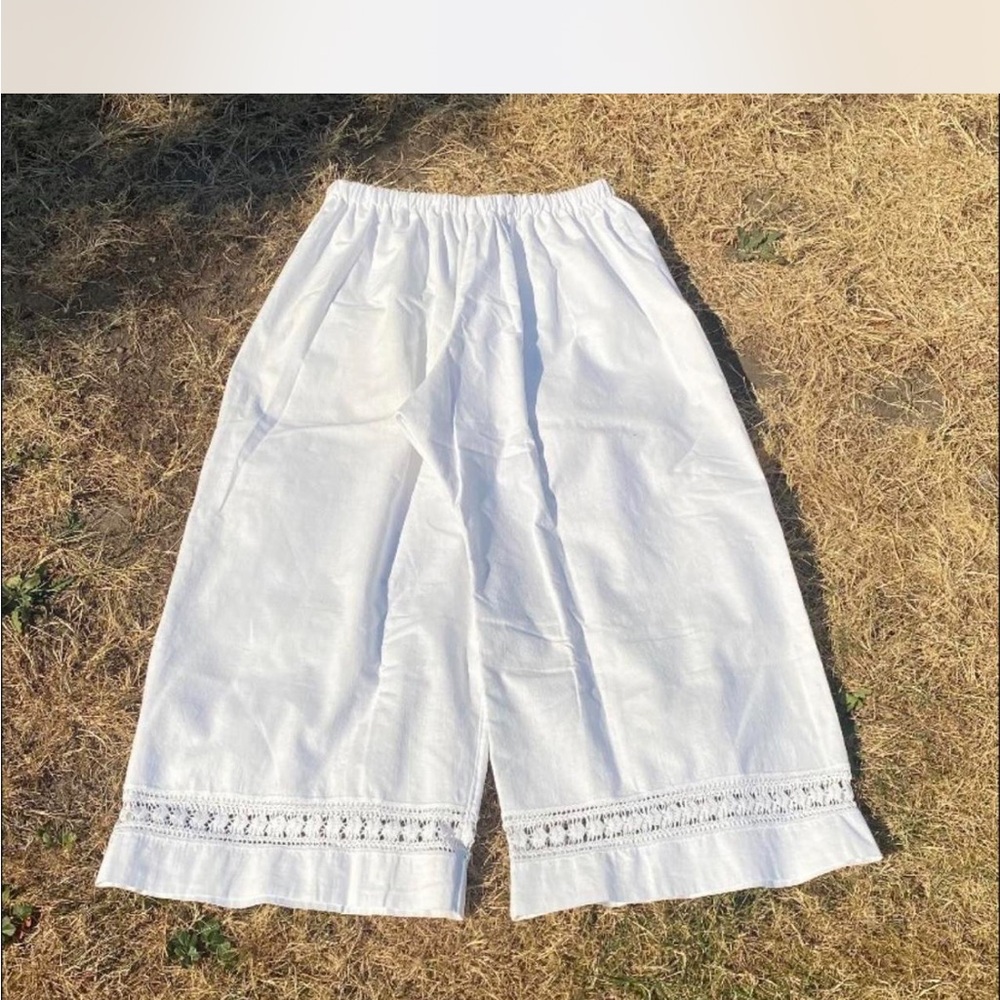 White Wide-Leg Pants with Lace Trim